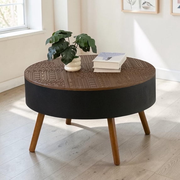 GZXS 31.5" Round Coffee Table with Hidden Storage & Flip-Over Lid, Carved Bohemian Tabletop & Solid Wood Legs, Two-Tone Design, Matte Black+Brown Finish, for Living Room/Vintage Decor