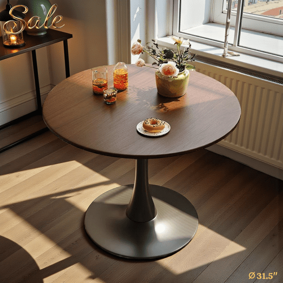 GZXS 31.5" Round Kitchen Dining Table with Metal Pedestal Base, Compact Size for Small Spaces, Easy to Clean MDF Top, Modern Farmhouse Design for Apartment & Studio (Walnut)