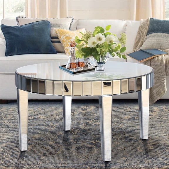 GZXS 31.5" Round Mirrored Coffee Table with Starburst Mosaic Design - Silver Glass Top Center Table for Living Room, Modern Luxury Home Decor, Easy to Assemble