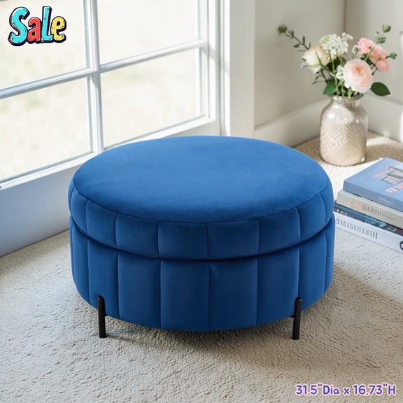 GZXS 31.5" Round Storage Ottoman with Reversible Lid, Velvet Upholstered Padded Footrest w/ Metal Legs, Adjustable Footpads, for Living Room Bedroom (Navy)