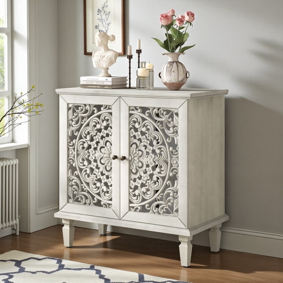 GZXS 31.5" Vintage Accent Cabinet with Hollow Carved Doors, 2-Door Decorative Buffet Cabinet with Adjustable Shelf & Solid Wood Legs, for Living Room, Entryway & Hallway (Antique Gray White)