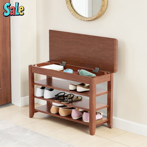 GZXS 31.7" W Shoe Rack Bench with Flip-Top Hidden Storage and Adjustable Open Shelves, Mid-Century Modern Entryway Bench, Solid Rubberwood Frame, 550 lbs Capacity (Walnut)
