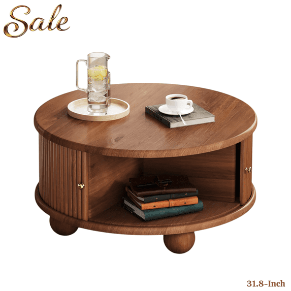 GZXS 31.8" Solid Wood Center Table with Sliding Door & Hidden Storage, Fluted Round Coffee Table for Living Room, Walnut