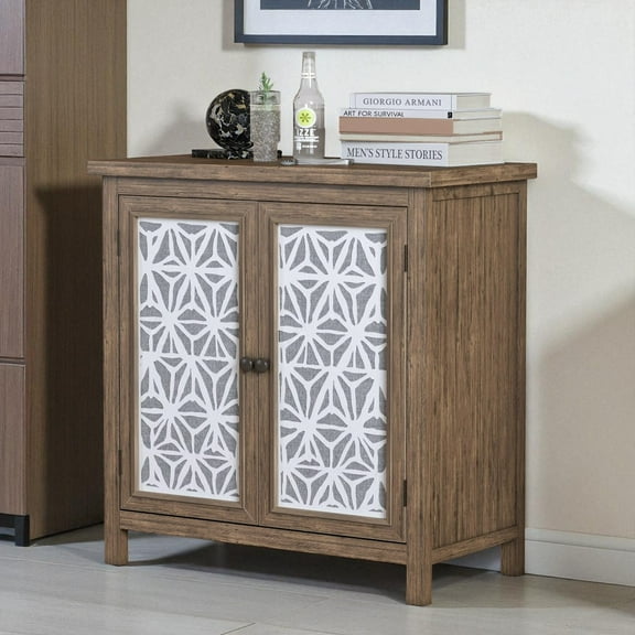 GZXS 31.89" Rustic Solid Wood Storage Cabinet with Metal Door Frames & Linen-Fabric Door Panels, Vintage-Style Accent Home Organizer for Living Room, Entryway, Bedroom (Aged Brown)