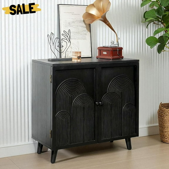 GZXS 31" Accent Cabinet with Embossed Geometric Doors, Contemporary Wooden Buffet Console Sideboard for Small Spaces, Black