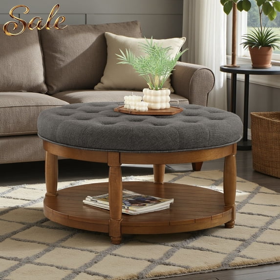 GZXS 32.5-Inch Round Upholstered Ottoman Coffee Table w/ Solid Wood Frame & Linen Tufted Top, 300 lbs Weight Capacity (Granite)