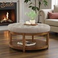 thumbnail image 1 of GZXS 32.5" Round 2-Tier Ottoman Coffee Table, Linen Upholstered Ottoman Center Table with Button Tufted Top, Open Storage Shelf and Solid Wood Legs, Easy Assembly, 1 of 8
