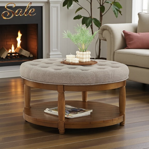 GZXS 32.5" Round 2-Tier Ottoman Coffee Table, Linen Upholstered Ottoman Center Table with Button Tufted Top, Open Storage Shelf and Solid Wood Legs, Easy Assembly