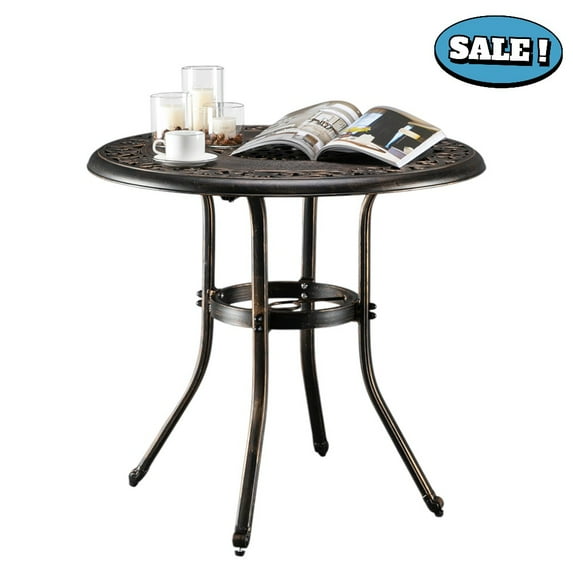 GZXS 32 Inch Outdoor Dining Table, Patio Cast Aluminum Round Dining Bar Table, Outside Bistro Table with 1.97" Umbrella Hole, Side Table for Backyard, Garden, Patio, Porch, Bronze
