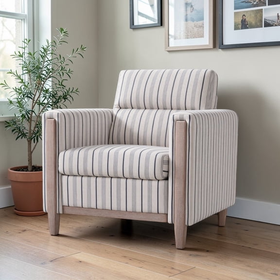 GZXS 33.46"W Upholstered Single Sofa Chair, American Country Accent Lounge Armchair with Square Arms, Padded Seat, and Rubber Wood Legs, Easy Assembly, Blue and White Stripes