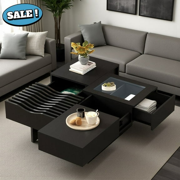 GZXS 33-Inch Mid Century Modern Square Coffee Table with 3 Drawers, Tempered Glass Top, Solid Rubber Wood Legs - Storage and Style for Living Room (Black)