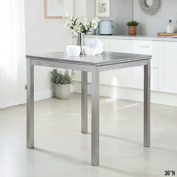 GZXS 34.5" Square Dining Table with Acrylic Crystal Embellishments Trim, Modern Kitchen Table with Solid Wood Legs for Dining Room (Silver Gray, 36"H)