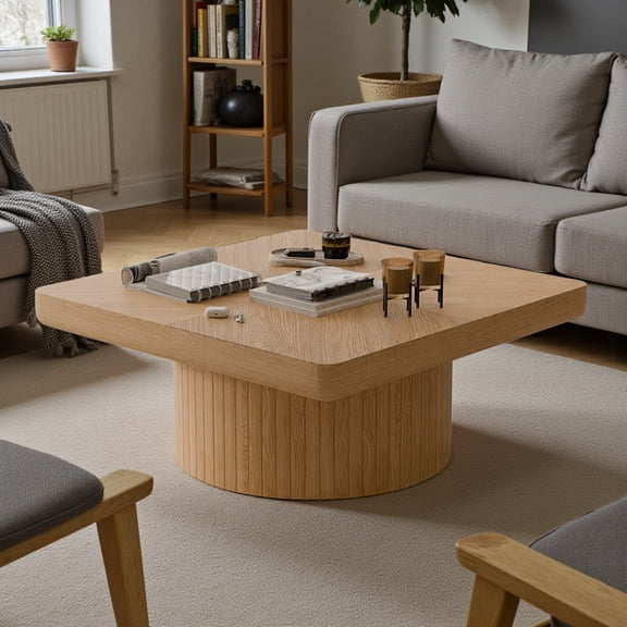 GZXS 34.6" Square Coffee Table with Parquet Wood Veneer Top, Modern Farmhouse Coffee Table with Cylindrical Base, Natural Wood Finish