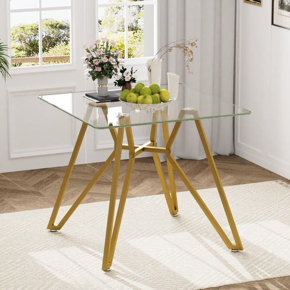 GZXS 35.4-Inch Square Tempered Glass Dining Table for 2–4 People, Modern Kitchen Table with Gold Metal Legs, Small Space Dining Table for Apartment, Office, or Café