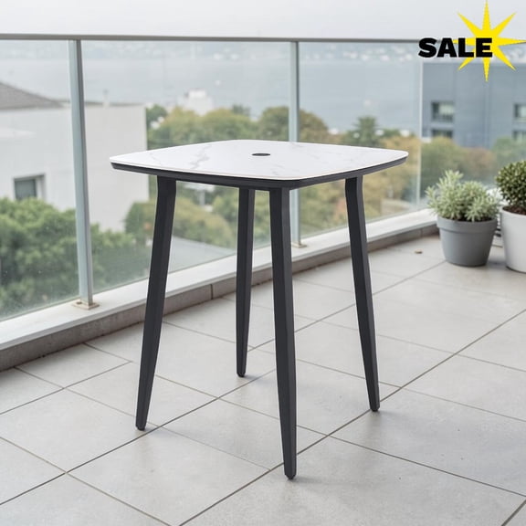GZXS 35.4" Patio Bar Table with Umbrella Hole, Weatherproof Outdoor Square Pub Table with White Marbling Sintered Stone Top & Black Aluminum Frame for Porch, Balcony, Entertaining