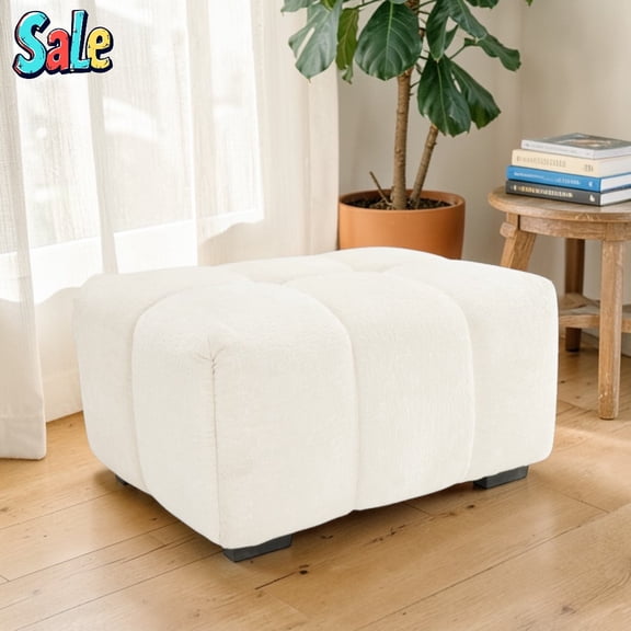 GZXS 35.4" Rectangular Upholstered Ottoman with Tufted Design, Multi-Use Chenille Fabric Footrest/Seat with Wood Base, White