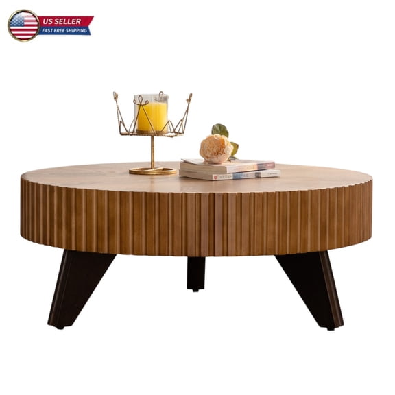 GZXS 35.4" Round Retro Coffee Table, Mid-Century Modern Wood Accent Table with Solid Wood Legs, Natural Finish, for Living Room & Home Decor
