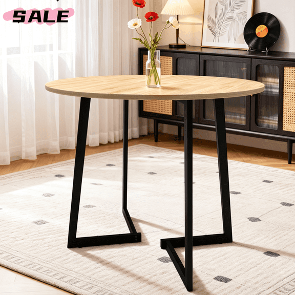 GZXS 35.43" Half Split Round Dining Table, Modern Kitchen Table, Dinner Room Table for 4-5, Farmhouse Accent Furniture with Metal Frame for Home, Light Wood