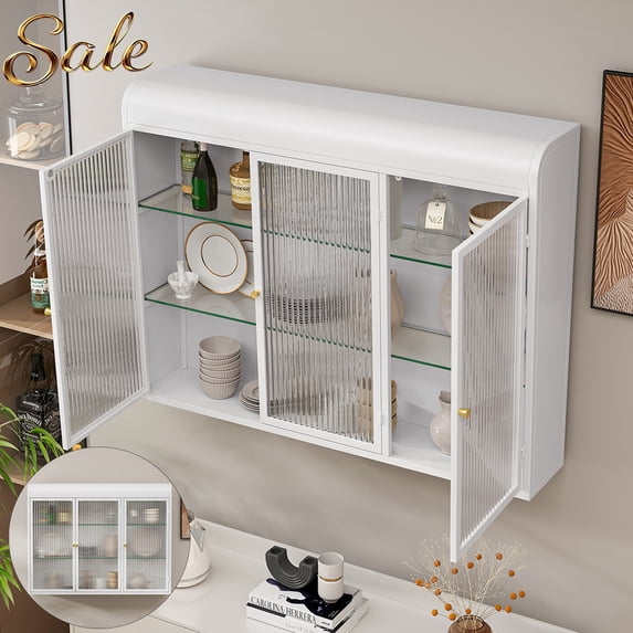 GZXS 35.45" Wall Cabinet with 3 Fluted Glass Doors, Modern Metal Storage Cabinet for Home Organization, White