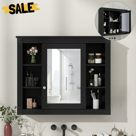 GZXS 35" Bathroom Medicine Cabinet with Mirror Door, Modern Wall-Mounted Wooden Hanging Cabinet w/ Adjustable Shelf & 6 Open Compartments, Black