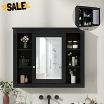 GZXS 35" Bathroom Medicine Cabinet with Mirror Door, Modern Wall-Mounted Wooden Hanging Cabinet w/ Adjustable Shelf & 6 Open Compartments, Black
