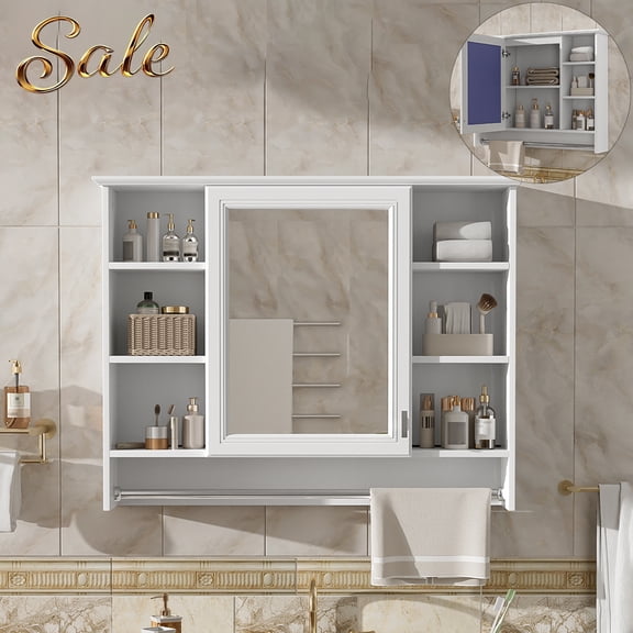 GZXS 36" Bathroom Wall Cabinet with Mirror, Mirrored Medicine Cabinet with Soft Close Door, 6 Open Compartments and Towel Rod, Wall Mounted Over Toilet Storage Cabinets with Adjustable Shelf, White