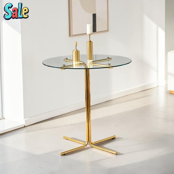 GZXS 36" Round Glass Pub Table with Transparent Tempered Glass Top, Counter Height Bar Table with Gold Metal Base, Modern Bistro Table for Kitchen, Apartment
