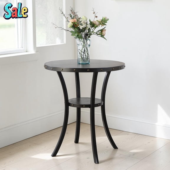 GZXS 36" Round Pub Table with Lowe Shelf, Modern 2-Tier Bistro Table w/ Nailhead Trim & Curved Metal Legs for Home Bar, Kitchen, Lounge, Small Spaces, Espresso