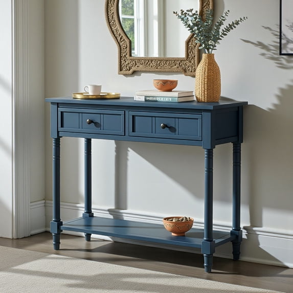 GZXS 36" Traditional Console Table with Drawers & Shelf, Antique-Inspired Entryway Table with Solid Pine Legs, for Living Room, Hallway, Dining Room (Dark Navy)
