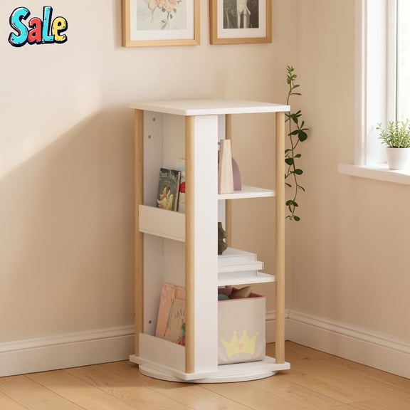 GZXS 360 Rotating Bookshelf, 3-Tier Compact Revolving Open Bookcase with Magazine Rack, and Chalkboard Panel, Space-Saving Organizer for Bedroom/Playroom, White+Natural
