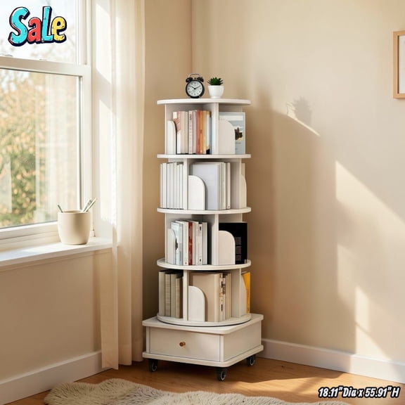 GZXS 360° Rotating Bookshelf with Lockable Wheels & Bottom Compartment, 55.91" Tall Revolving Bookcase, Space-Saving Design for Bedroom, Living Room, Study or Compact Area, White