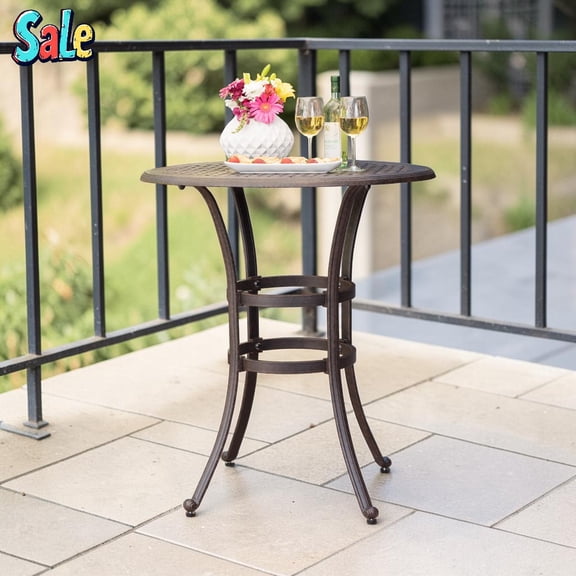 GZXS 37" Outdoor Round Bar Table with Umbrella Hole, Cast Aluminum Patio Pub Table in Bronze, Lattice Design Bar Height Bistro Table, Rust-Resistant for Garden, Deck, Backyard