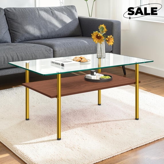 GZXS 38.6" Glass Top Coffee Table, 2-Tier Rectangle Cocktail Table with Shelf, Modern Center Table with Metal Legs for Living Room, Clear & Gold