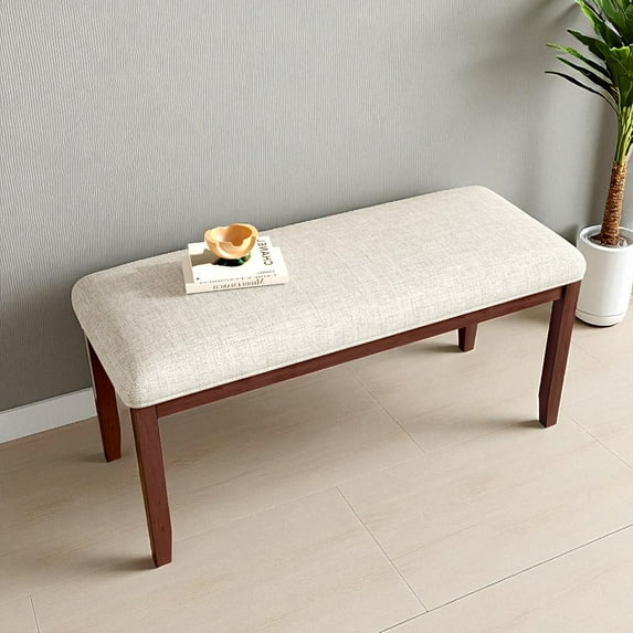 GZXS 38" Upholstered Bench for Bedroom End of Bed, Entryway or Dining, Linen Padded Seat & Solid Rubberwood Legs, Indoor Hallway Bench, Beige+Cherry