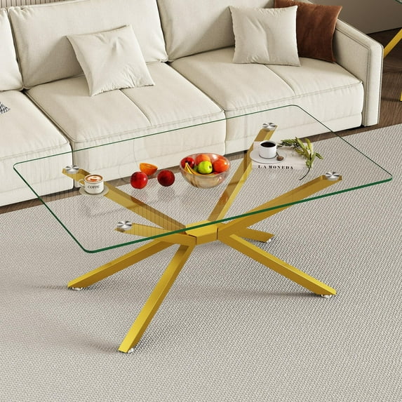 GZXS 39.37-Inch Clear Tempered Glass Coffee Table with Golden Metal Legs, Modern Rectangular Center Table, for Living Room or Home Decor, Easy Assembly