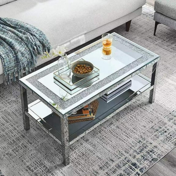 GZXS 39.5" Mirrored Coffee Table with Crystal Inlay, 2-Tier Cocktail Table w/ Stainless Steel Frame, Modern Silver Accent Table for Living Room, Home Office, Bedroom