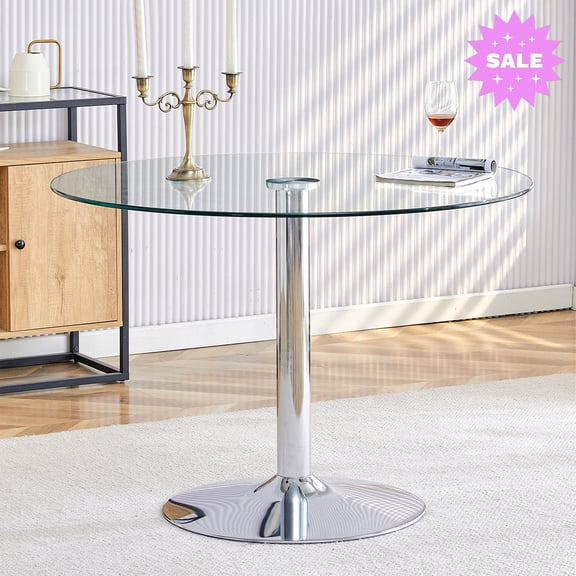 GZXS 39.7" Round Tempered Glass Dining Table with Silver Metal Pedestal Base, Stable & Stylish for Small Dining Areas