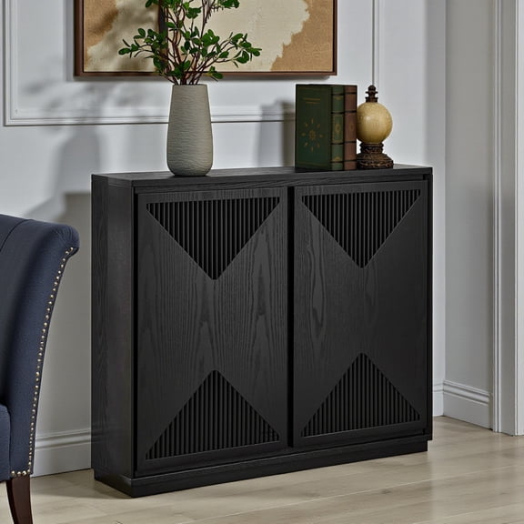 GZXS 39" Modern Storage Cabinet, 2-Door MDF Sideboard with V-Shape Slatted Design, Floor Standing Buffet Cabinet with Cable Holes for Living Room, Entryway (Black)