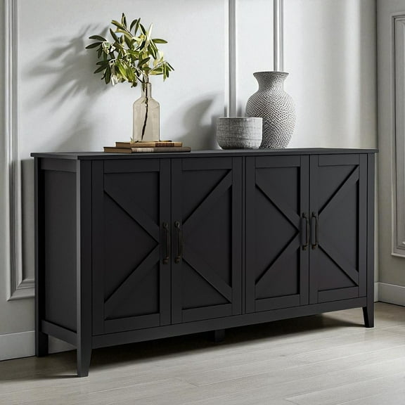GZXS 4-Door Sideboard Cabinet with Adjustable Shelves, Freestanding Modern Farmhouse Storage Buffet Cupboard for Living Room, Entryway, Bedroom, Office (Black)