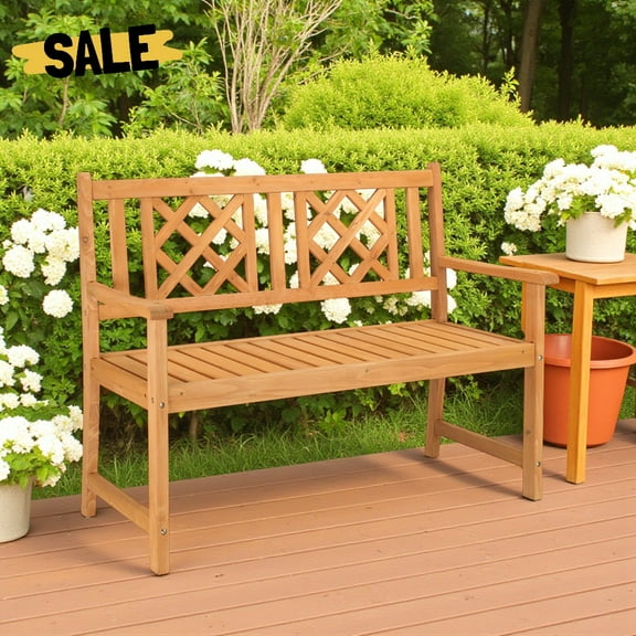 GZXS 4-Ft Wooden Garden Loveseat Bench with Backrest and Armrests - Natural