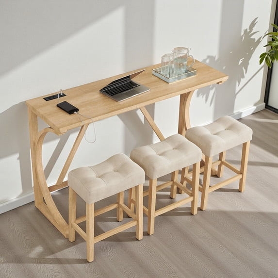 GZXS 4-Piece Bar Table Set with Charging Station, 59" Long Table with 3 Linen Stools, Solid Wood Frame, Space-Saving Design for Kitchen, Living Room & Small Apartments (Light Oak)