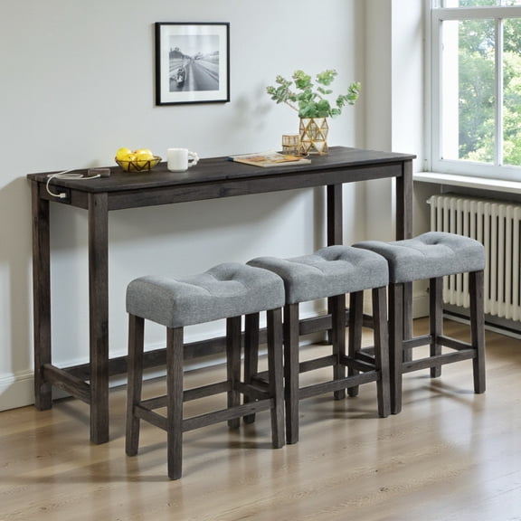 GZXS 4-Piece Bar Table Set with Charging Station, Counter Height Dining Set with 3 Cushioned Stools and Solid Rubber Wood Legs, 59" Long Pub Table for Small Dining & Work Areas (Dark Gray)