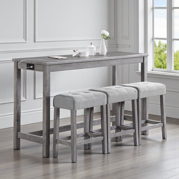 GZXS 4-Piece Bar Table Set with Charging Station, Counter Height Dining Set with 3 Upholstered Linen Stools, 58.4" Industrial Long Pub Table with USB Ports for Kitchen & Living Room (Gray)