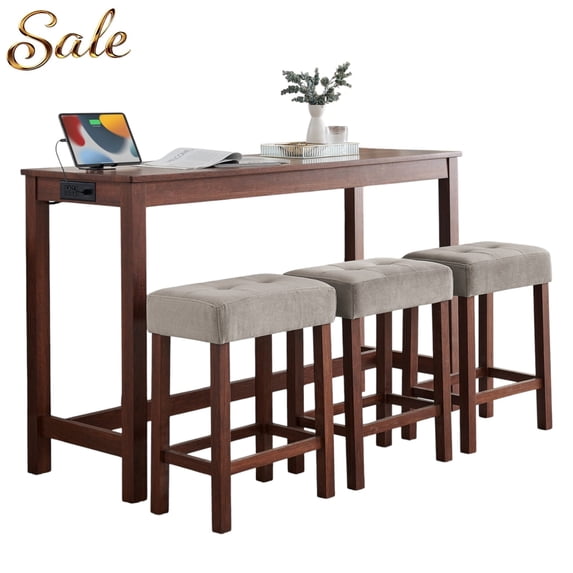 GZXS 4-Piece Bar Table Set with Power Outlet, 59" Long Pub Table with 3 Linen Upholstered Stools, Space-Saving Farmhouse Dining Set for Kitchen, Cherry