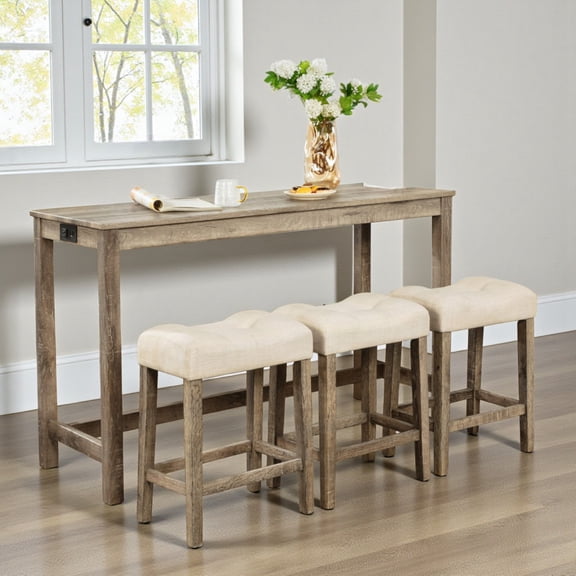 GZXS 4-Piece Bar Table Set with Power Outlets, 59" Long Pub Table with 3 Linen Fabric Stools, Perfect for Small Space & Breakfast Nook, Brown