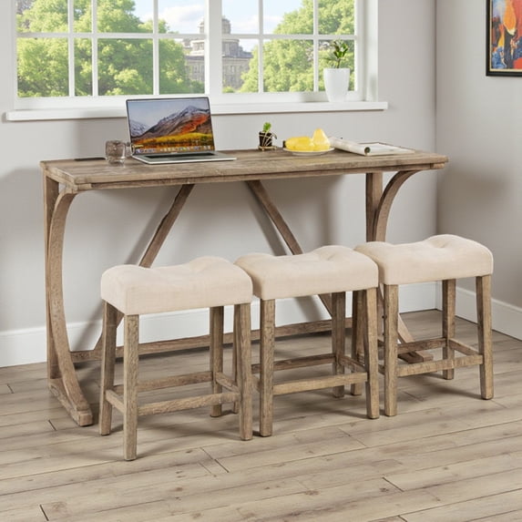 GZXS 4-Piece Counter Height Dining Set with 3 Upholstered Stools, Industrial 59" Long Bar Table with Charging Station, for Kitchen & Living Room (Brown)