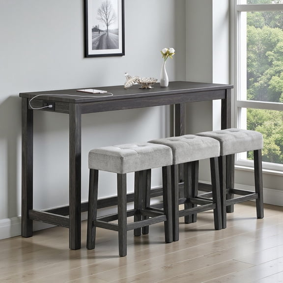 GZXS 4-Piece Counter Height Dining Set, 58.4" Long Bar Table with Charging Station & 3 Tufted Linen Stools, Stowable Breakfast Bar Set for Small Kitchen (Black)