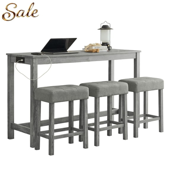 GZXS 4-Piece Farmhouse Bar Table Set for 3, Solid Wood Frame with MDF Top, Linen Upholstered Stools, 59"W Space-Saving Counter Height Dining Set with Power Outlets, Gray