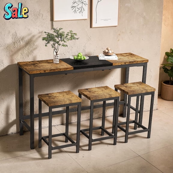 GZXS 4 Piece Long Bar Table and Stools Set, Industrial Counter Height Dining Set with 3 Backless Stools, for Breakfast Nook/Living Room/Small Space (Natural+Black)