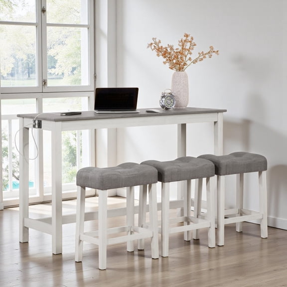 GZXS 4-Piece Pub Table Set with 3 Linen Upholstered Stools, 59" Industrial Bar Height Table with Charging Station & Rubber Wood Legs, Compact Breakfast Nook Set for Small Apartment (Gray+White)